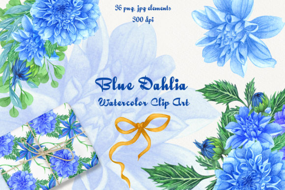 Blue Dahlia Flowers Watercolor Clipart & Illustrations