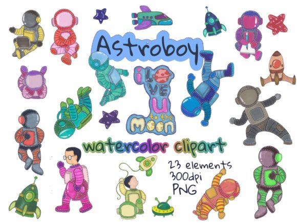 Cute Astronaut Watercolor Clipart & Illustrations