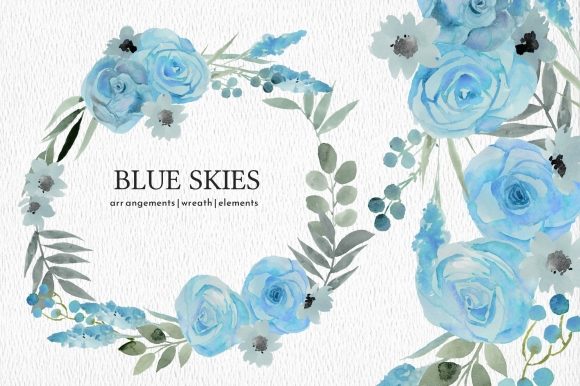 Light Blue Floral Watercolor Clipart Set
