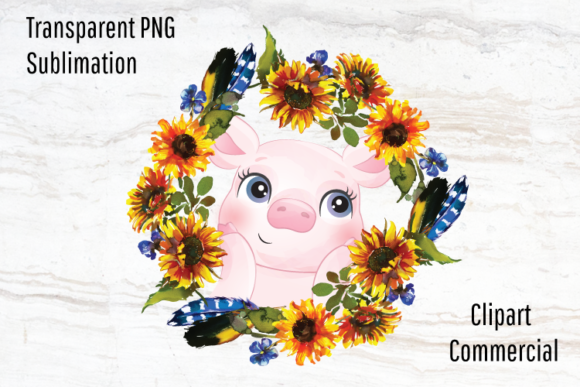 Pig with Watercolor Sunflower Wreath Illustrations