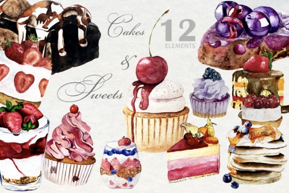 Watercolor Bakery, Cupcake and Pancakes Illustrations