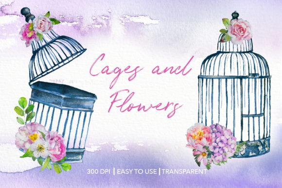 Watercolor Cages and Flowers Designs Illustrations