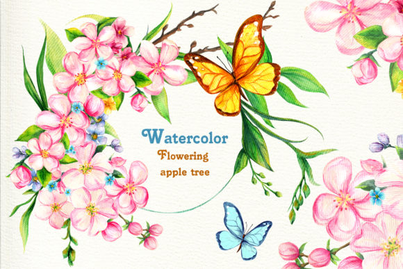 Watercolor Flowering Apple Tree Illustrations