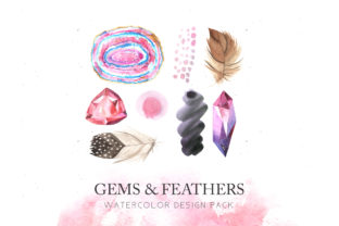 Watercolor Gems Feathers Set Illustrations