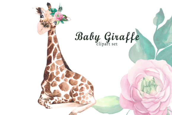 Watercolor Safari Baby Giraffe Clipart & Illustrations