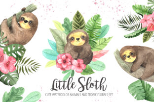 Watercolor Sloth and Tropic Florals Illustrations