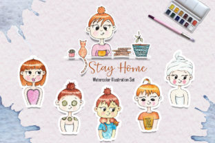 Watercolor Stay Home Girl Illustrations